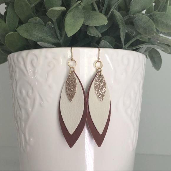 New Oversized Faux Vegan Leather Dangling Handmade Layered Earrings Glitter Gift - Picture 4 of 7